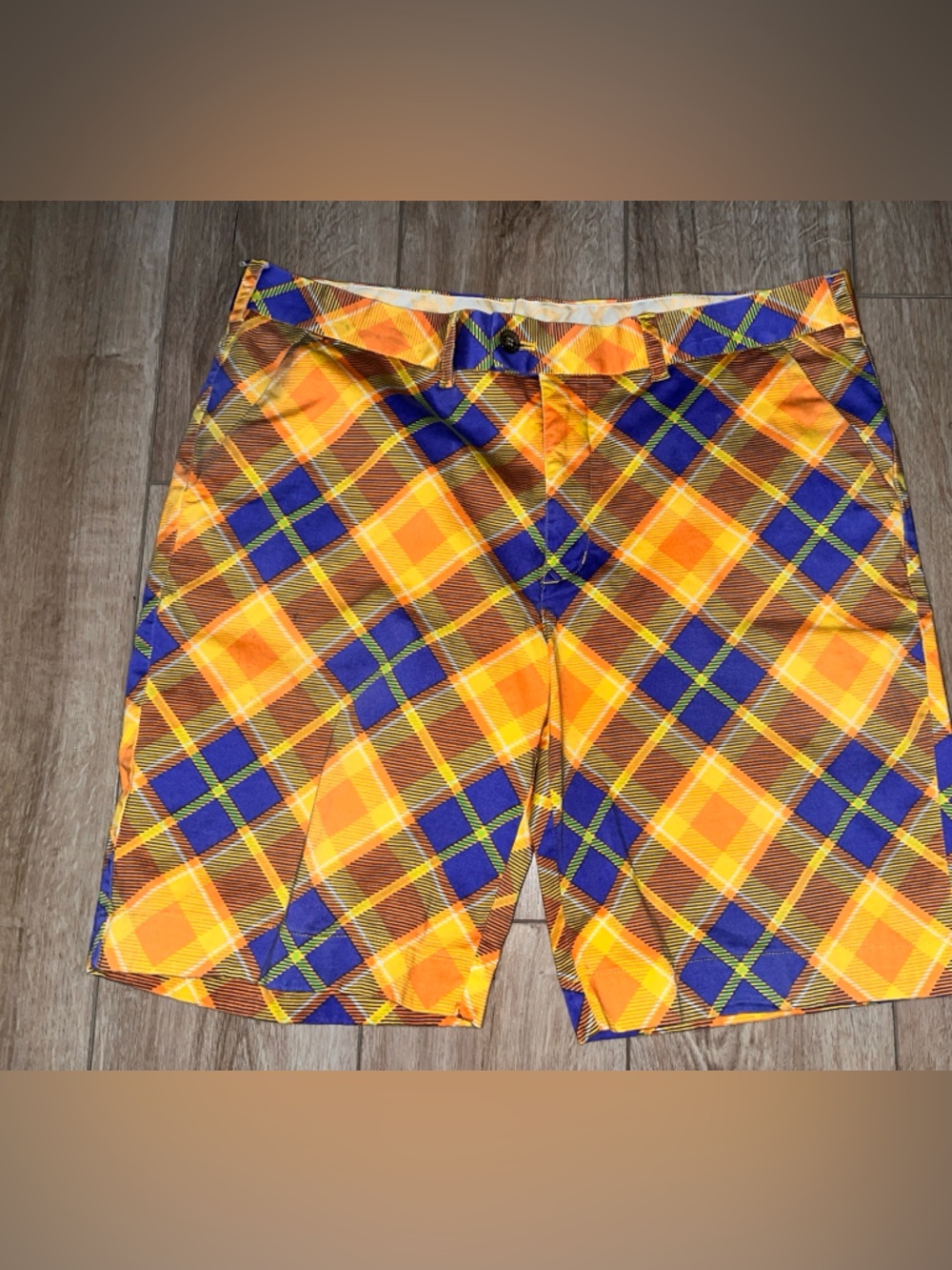 Loudmouth Golf Shorts Mens 38 Yellow Orange Blue Plaid Colorful Print Crazy